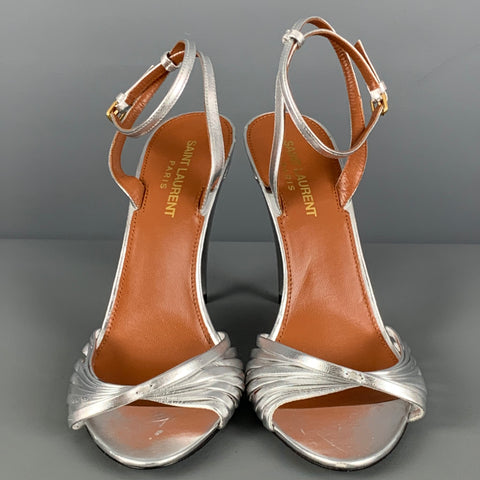SAINT LAURENT Sandales à bride de cheville en cuir argenté taille 7,5