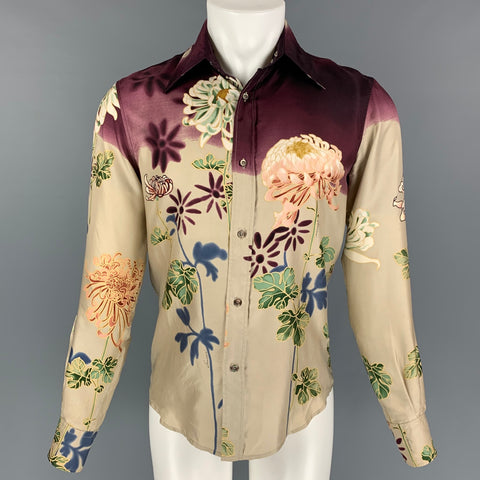GUCCI by Tom Ford 2001 Size S Beige Floral Silk Button Up Long Sleeve Shirt