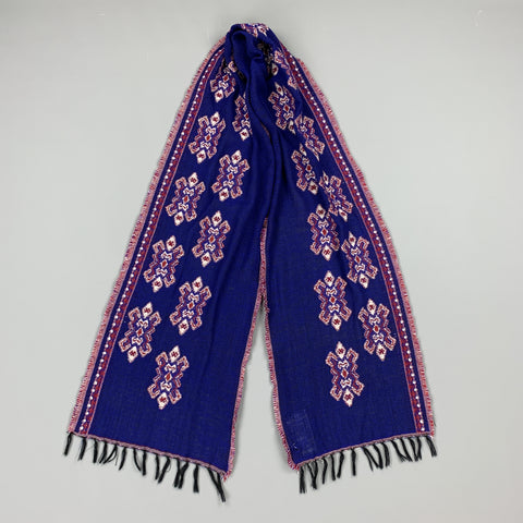 Blue & Red Print Wool Knit Fringe Scarf