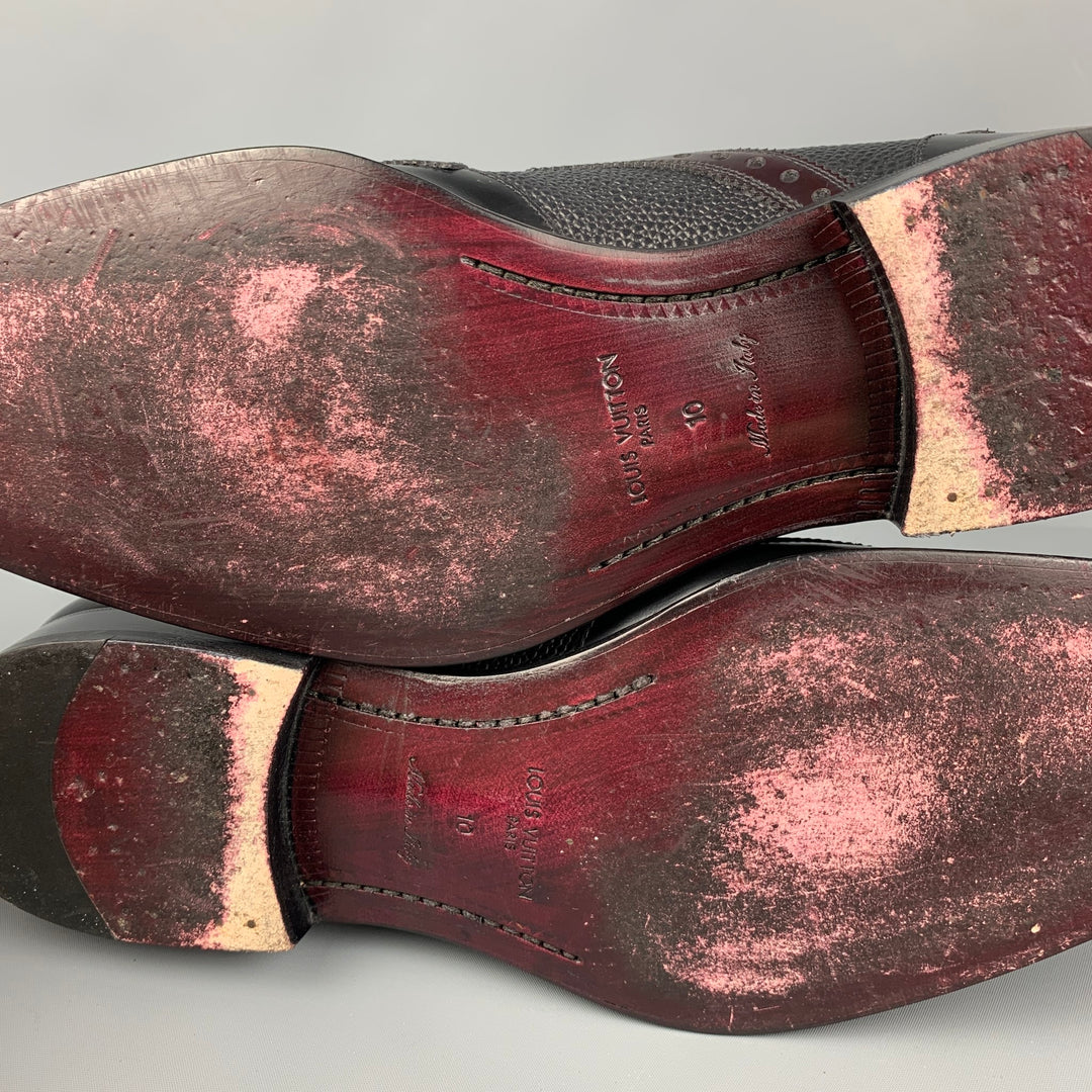LOUIS VUITTON Size 11.5 Black Burgundy Textured Leather Wingtip Lace Up Shoes