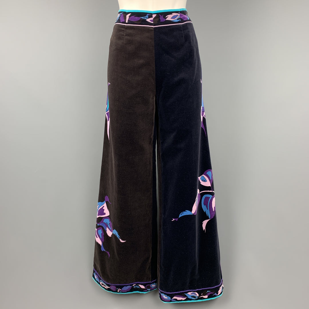 EMILIO PUCCI Vintage Tamaño 14 Negro &amp; Marrón Azul &amp; Púrpura Floral Terciopelo Pantalones