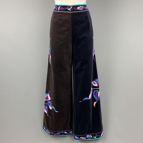 EMILIO PUCCI Vintage Size 14 Black & Brown Blue & Purple Floral Velvet Pants