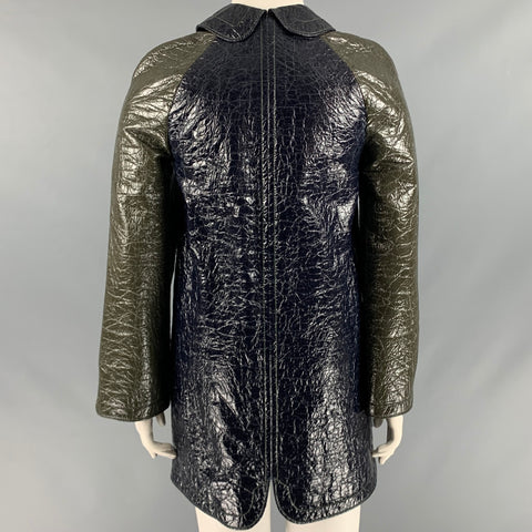 BALENCIAGA Size 8 Navy Green Cotton Blend Color Block Faux Patent Leather Coat