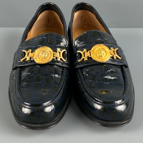 CAPORICCI Size 9 Black Gold Embossed Leather Loafers