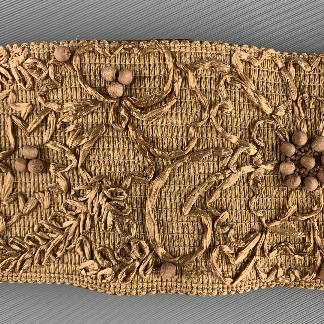 DONNA KARAN Size S Woven Beige Beaded Flower Embroidered Elastic Waist Belt