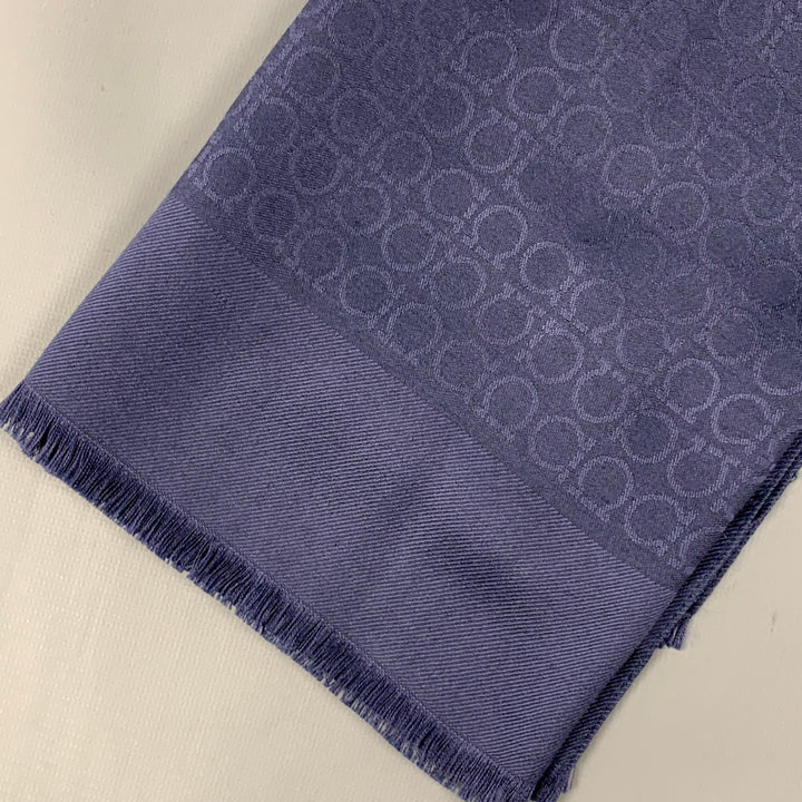 SALVATORE FERRAGAMO Navy Logo Silk Wool Jacquard Scarf