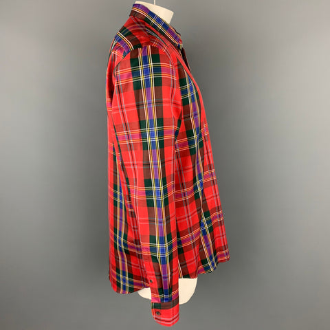 ALEXANDER MCQUEEN Size XL Multi-Color Tartan Cotton Beetle Patch Button Down Long Sleeve Shirt