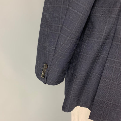 HERMES Size 46 Navy Grey Plaid Wool Sport Coat