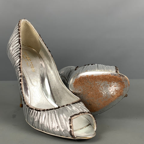 SERGIO ROSSI Talla 7 Zapatos de tacón peep toe metálicos lamé negros