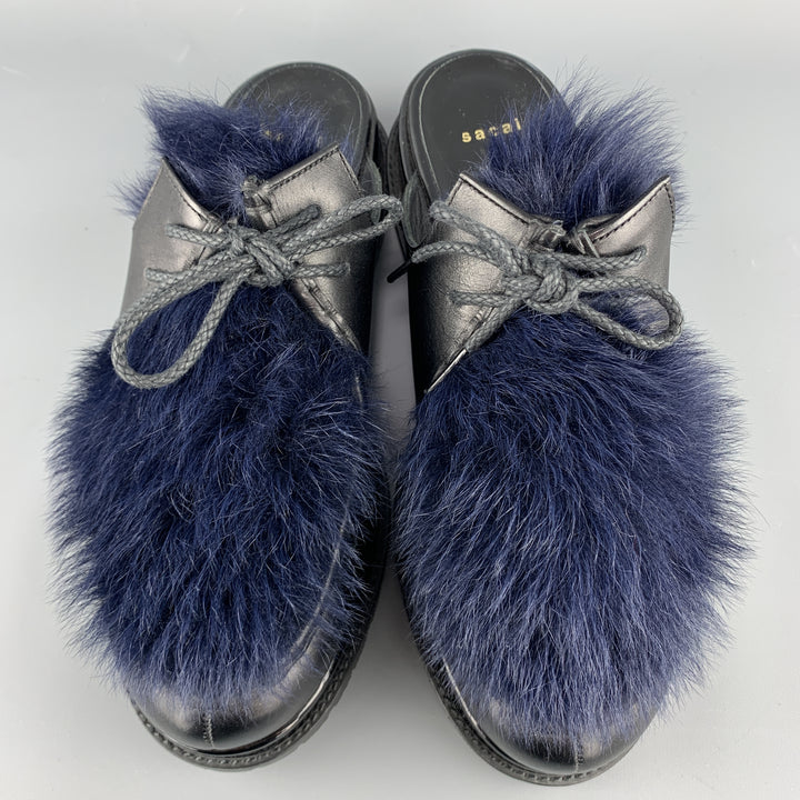 SACAI Black Leather & Blue Fur Slip On Loafer Slides