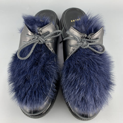 SACAI Black Leather & Blue Fur Slip On Loafer Slides