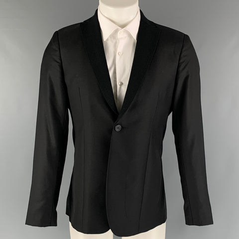 EMPORIO ARMANI Chest Size 38 Black Solid Wool Silk Notch Lapel Sport Coat