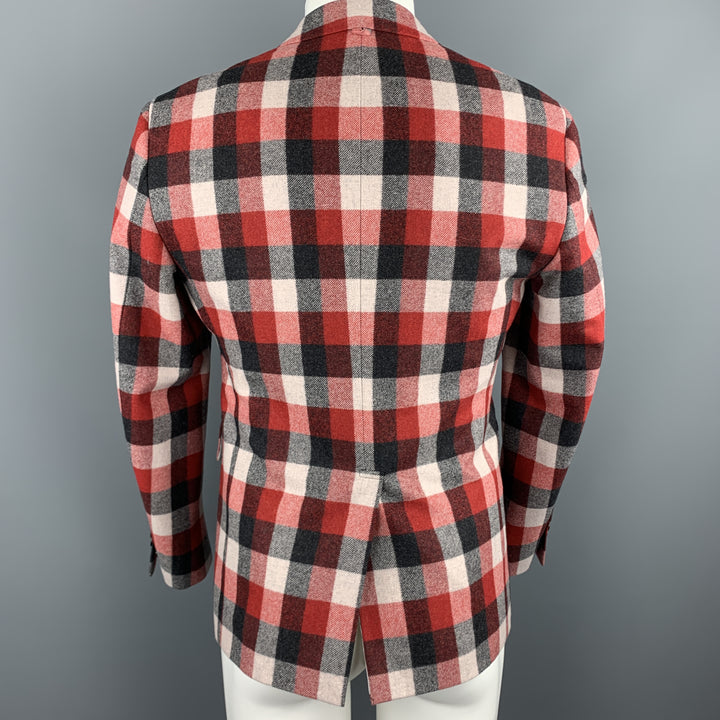 BLACK FLEECE Size 38 Notch Lapel Red Checkered Plaid Wool Sport Coat