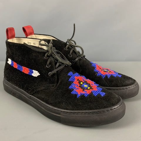 DEL TORO Size 13 Black Red & Blue Beaded Suede Moccasin Boots