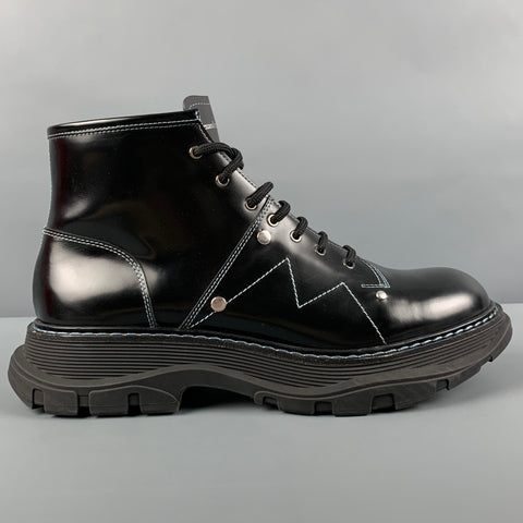 ALEXANDER MCQUEEN Size 11 Black Contrast Stitch Leather Lace Up Boots