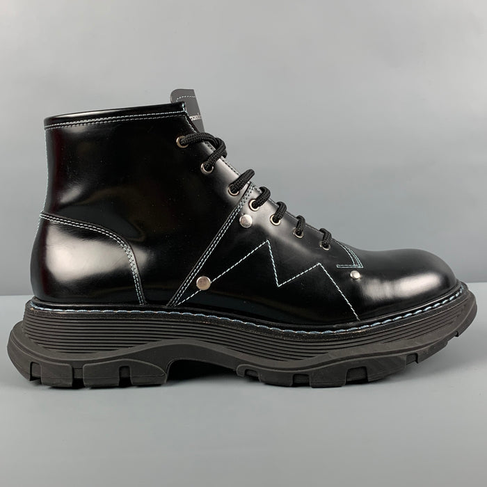 ALEXANDER MCQUEEN Size 11 Black Contrast Stitch Leather Lace Up Boots