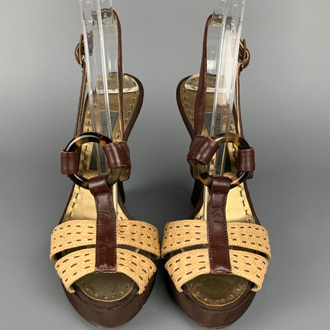 ALBERTA FERRETTI Talla 6.5 Sandalias de cuña de cuero de seda marrón y beige