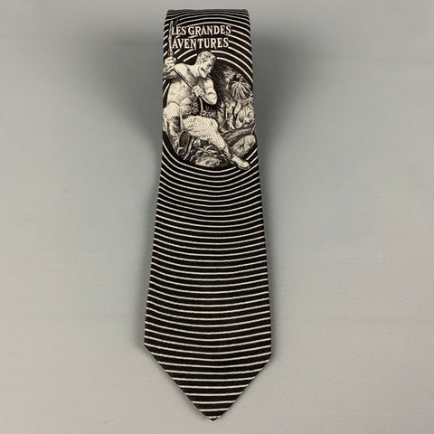 JEAN PAUL GAULTIER Black White Tapestry Silk Les Grandes Aventures Tie