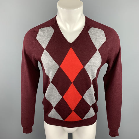CLUB MONACO Size S Burgundy Argyle Merino Wool V-Neck Pullover