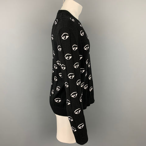 KENZO Size XL Black & White Embroidery Cotton Crew-Neck Pullover