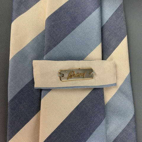 BRIONI Blue White Diagonal Stripe Cotton Silk Tie