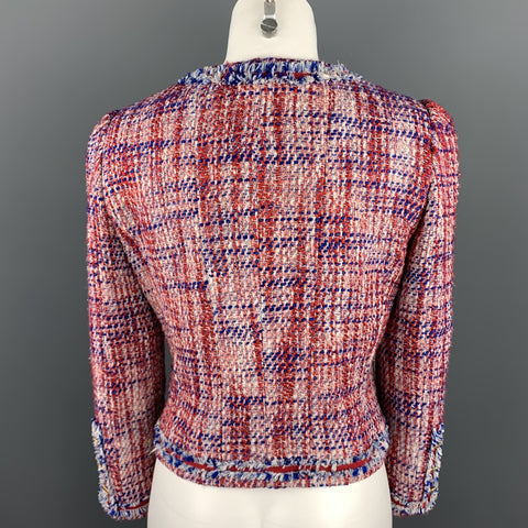 CAROLINA HERRERA Size 4 Red & Blue Boucle Cotton Blend Hook & Eye Jacket