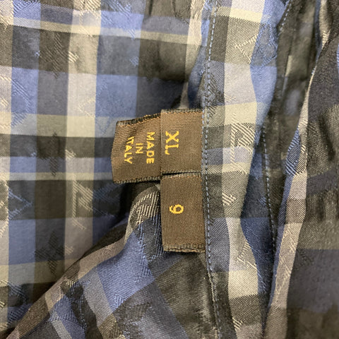 LOUIS VUITTON Size XL Blue Black Grey Plaid Silk Button Up Long Sleeve Shirt
