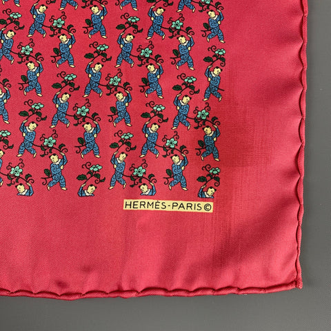 HERMES Red Blue Figures Silk Twill Pocket Square