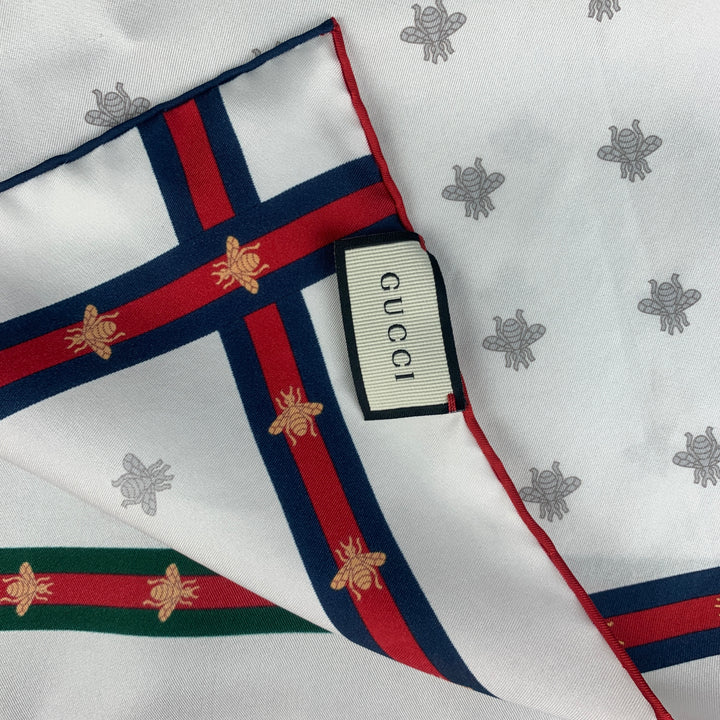 GUCCI White Red Bees Silk Pocket Square