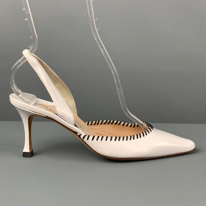 MANOLO BLAHNIK Size 6.5 White Leather Slingback Pumps