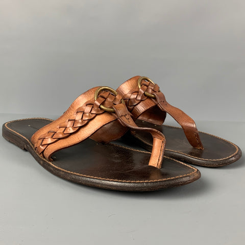 TOM FORD Size 10 Tan Braided Leather T-strap Sandals
