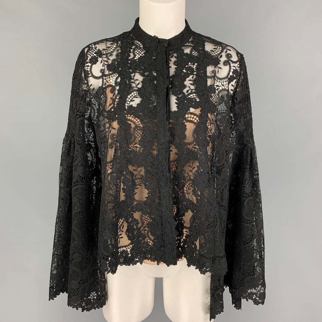 OSCAR DE LA RENTA Size 6 Black Silk Lace Bell Sleeves Blouse