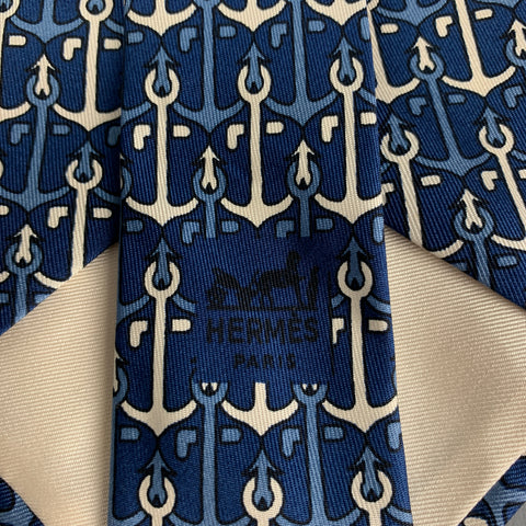 HERMES 547 1A Navy White Anchors Silk Tie