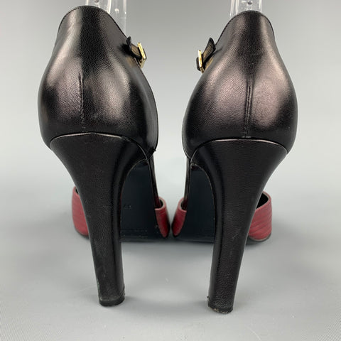 LAMBERTSON TRUEX Talla 7 Zapatos de tacón con tira en T de cuero negro y rojo