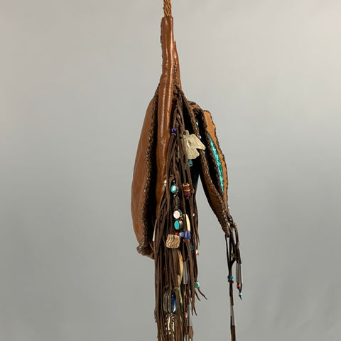 VINTAGE Brown Beaded Leather Turquoise Cross Body Handbag