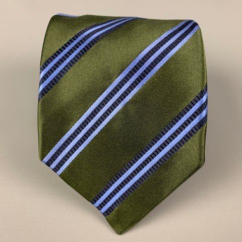 KITON Green Blue Diagonal Stripe Silk Tie