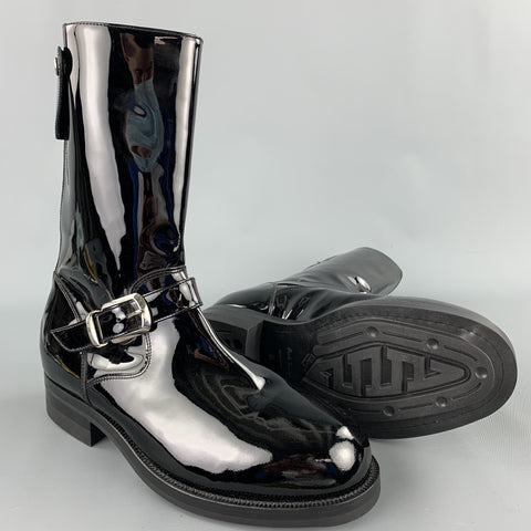 PAUL SMITH Taille 9 Bottes de motard en cuir verni noir