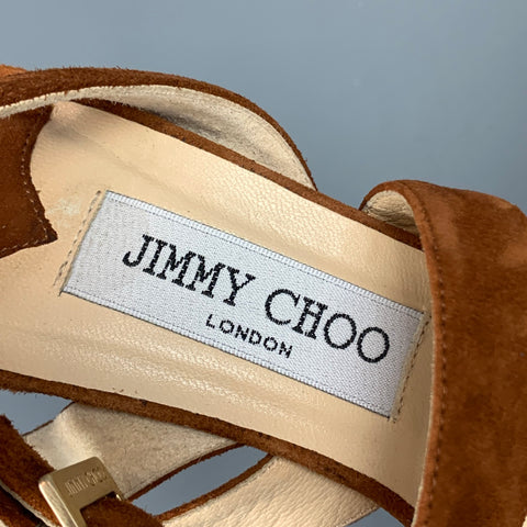 JIMMY CHOO Sandalias de plataforma con tiras de ante color canela Talla 7