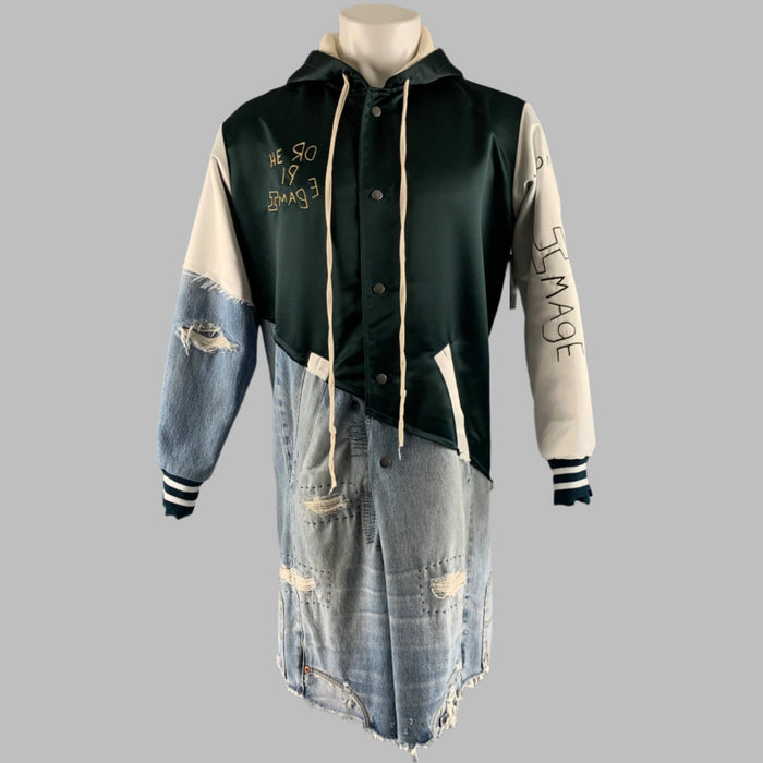 GREG LAUREN Taille L Manteau en denim à boutons-pression en tissus mélangés