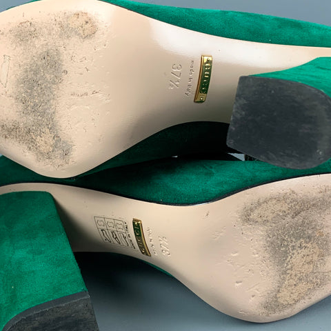 GUCCI GG Marmont 2.0 Size 7.5 Green Suede Fringe Chunky Heel Pumps