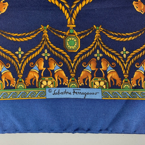 SALVATORE FERRAGAMO Navy Gold Print Pocket Square