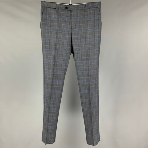 ETRO Size 32 Grey Blue Plaid Wool Dress Pants