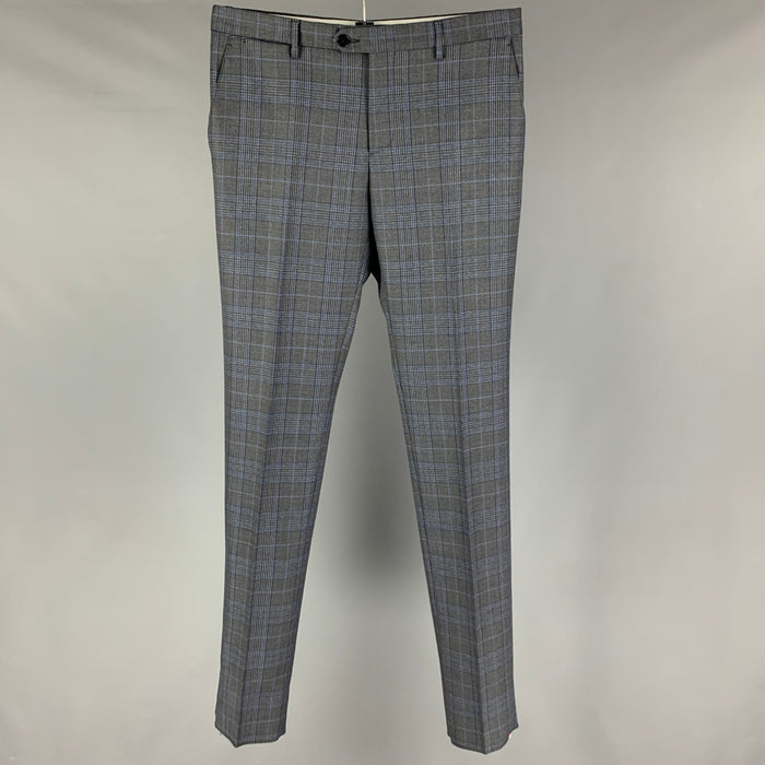 ETRO Size 32 Grey Blue Plaid Wool Dress Pants