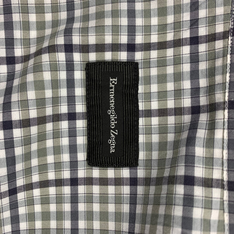 ERMENEGILDO ZEGNA Size XL White & Green Plaid Cotton Long Sleeve Shirt
