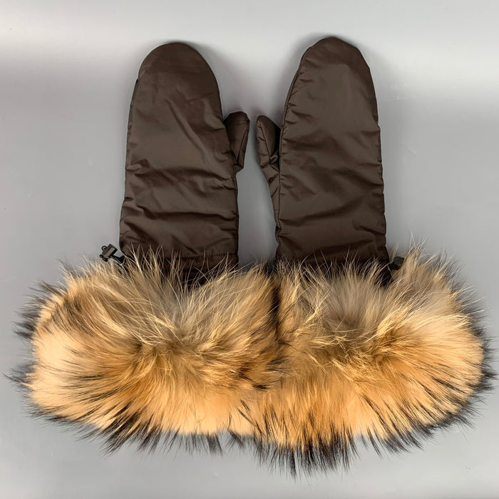 PRADA Brown & Beige Nylon Fox Fur Trim Gloves