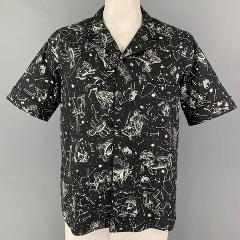 VALENTINO Size L Black White Print Cotton Camp Short Sleeve Shirt