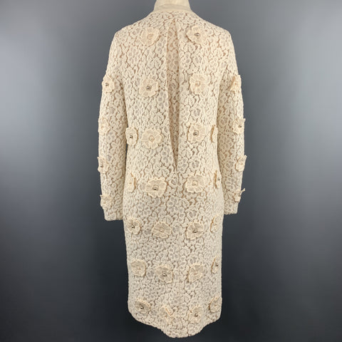 CHLOE Size 4 Cream Lace Faux Pearl Flower Notch Lapel Evening Coat
