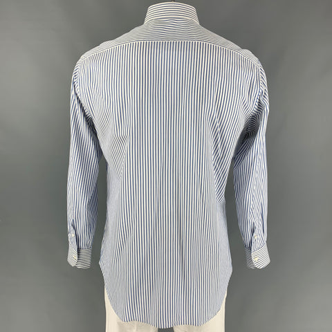 BRIONI Size XL White & Blue Stripe Cotton Button Down Long Sleeve Shirt