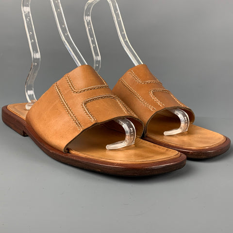 HERMES Taille 12 Tan Contrast Stitch Leather Slip On Sandales