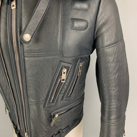 BURBERRY PRORSUM FW 2010 Size 38 Blue Black Lamb Leather Shearling Biker Jacket